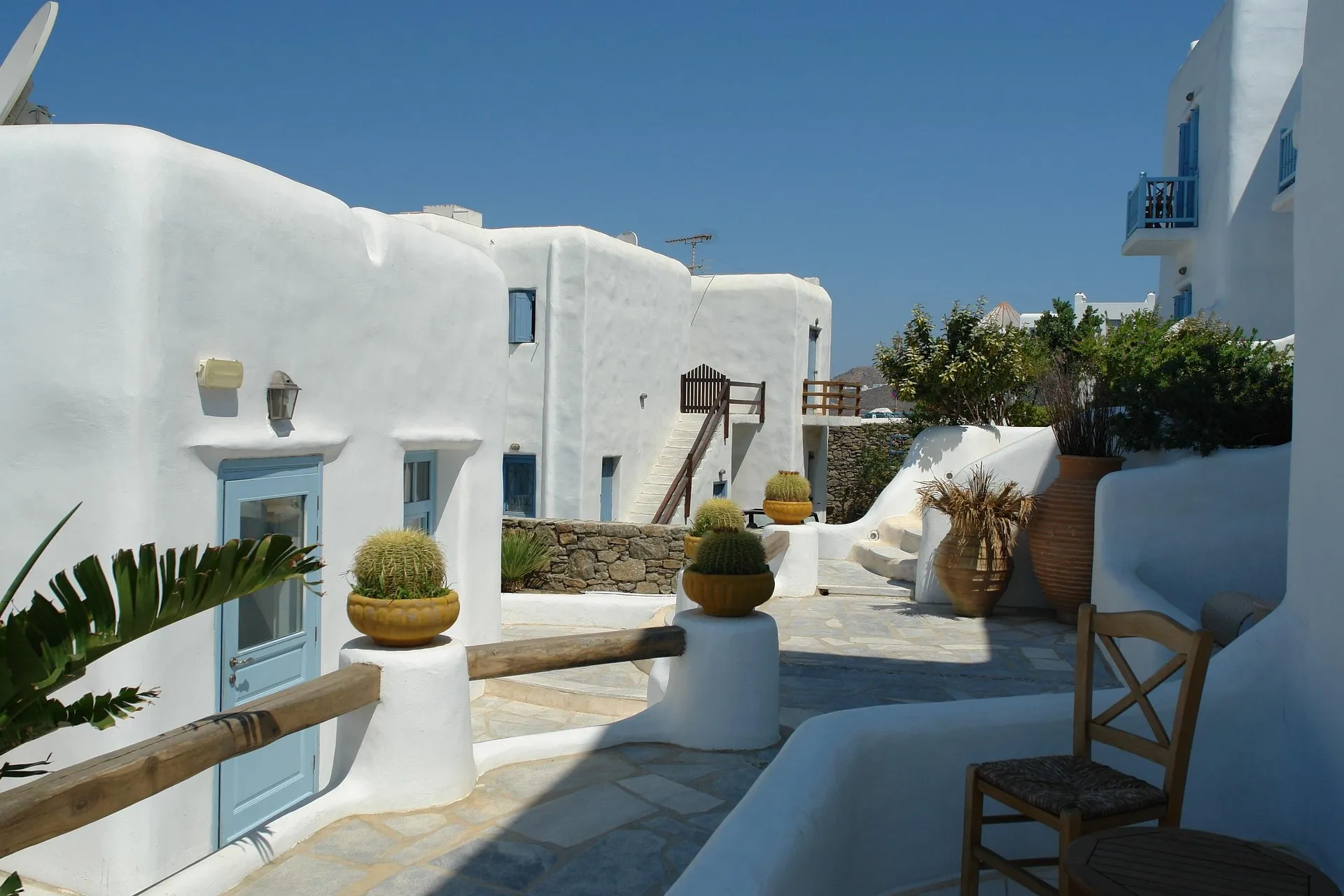 White buildings around a bright courtyard